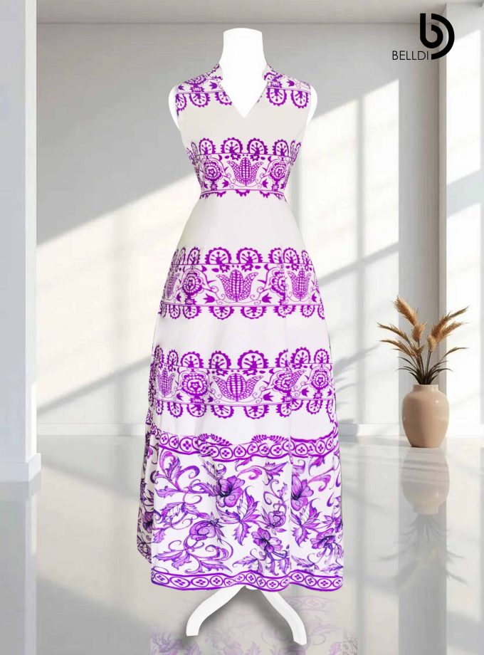 SLEEVELESS MANDARIN COLLAR V-NECK LONG DRESS