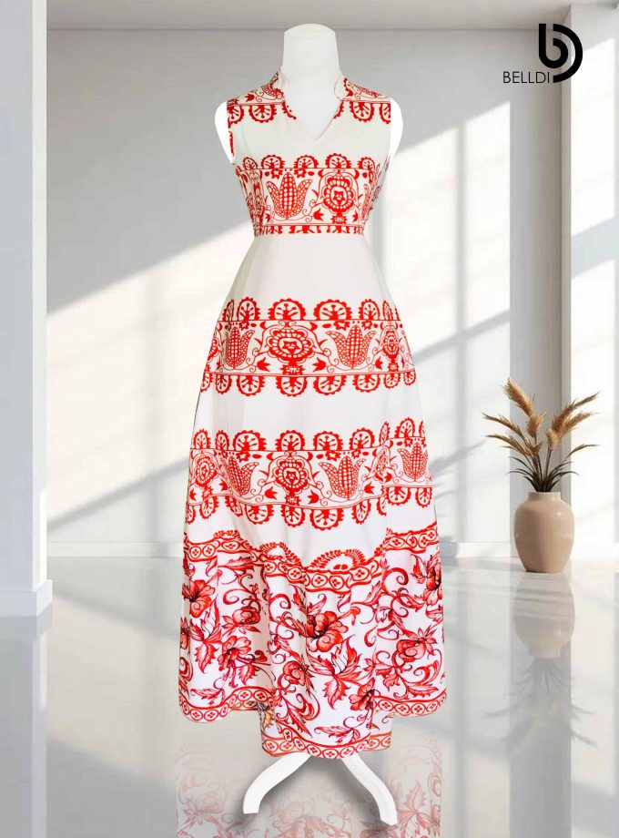 SLEEVELESS MANDARIN COLLAR V-NECK LONG DRESS