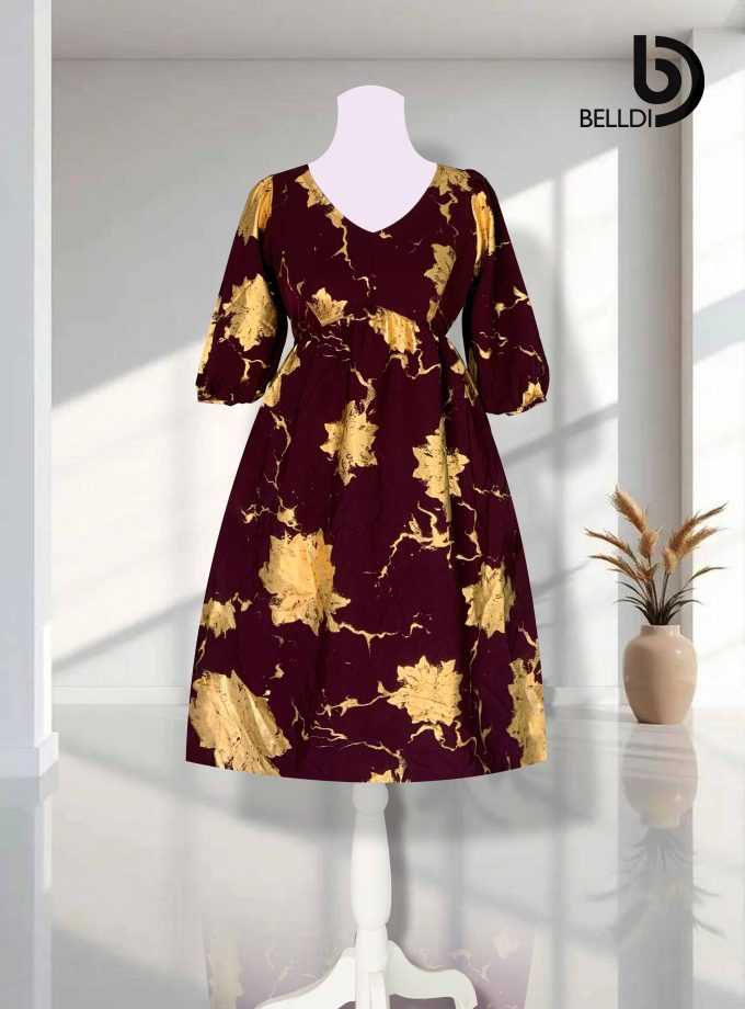 V-NECK GOLD PRINTED SHORT DRESS