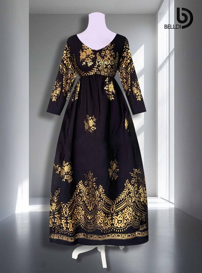 V NECK LONG SLEEVE LONG DRESS