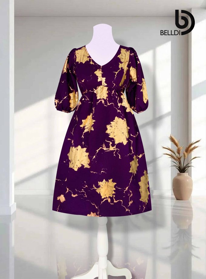 V-NECK GOLD PRINTED SHORT DRESS