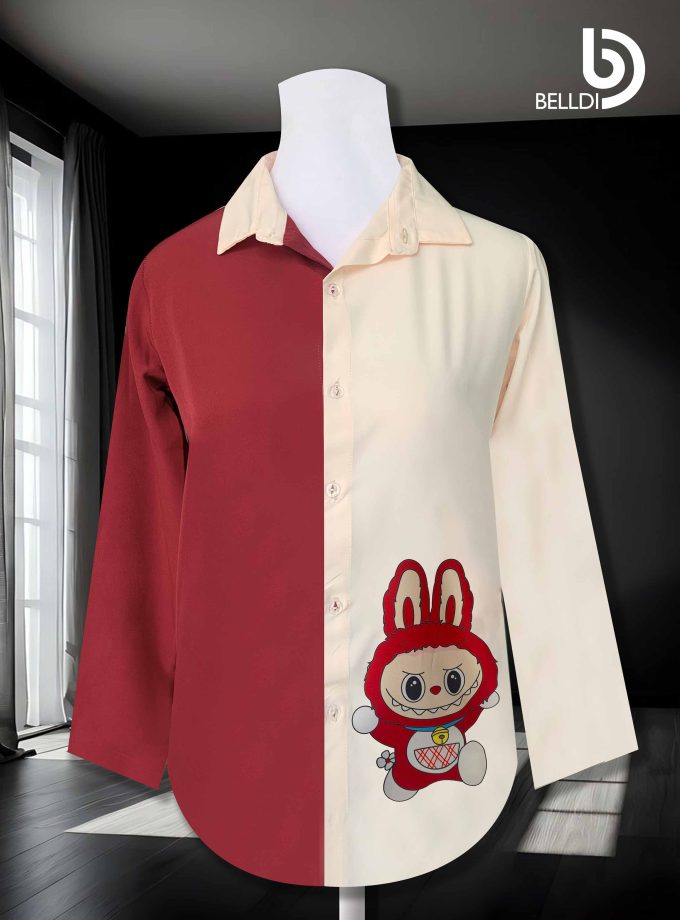 TWO TONE LONG SLEEVE PRINTED  BLOUSE