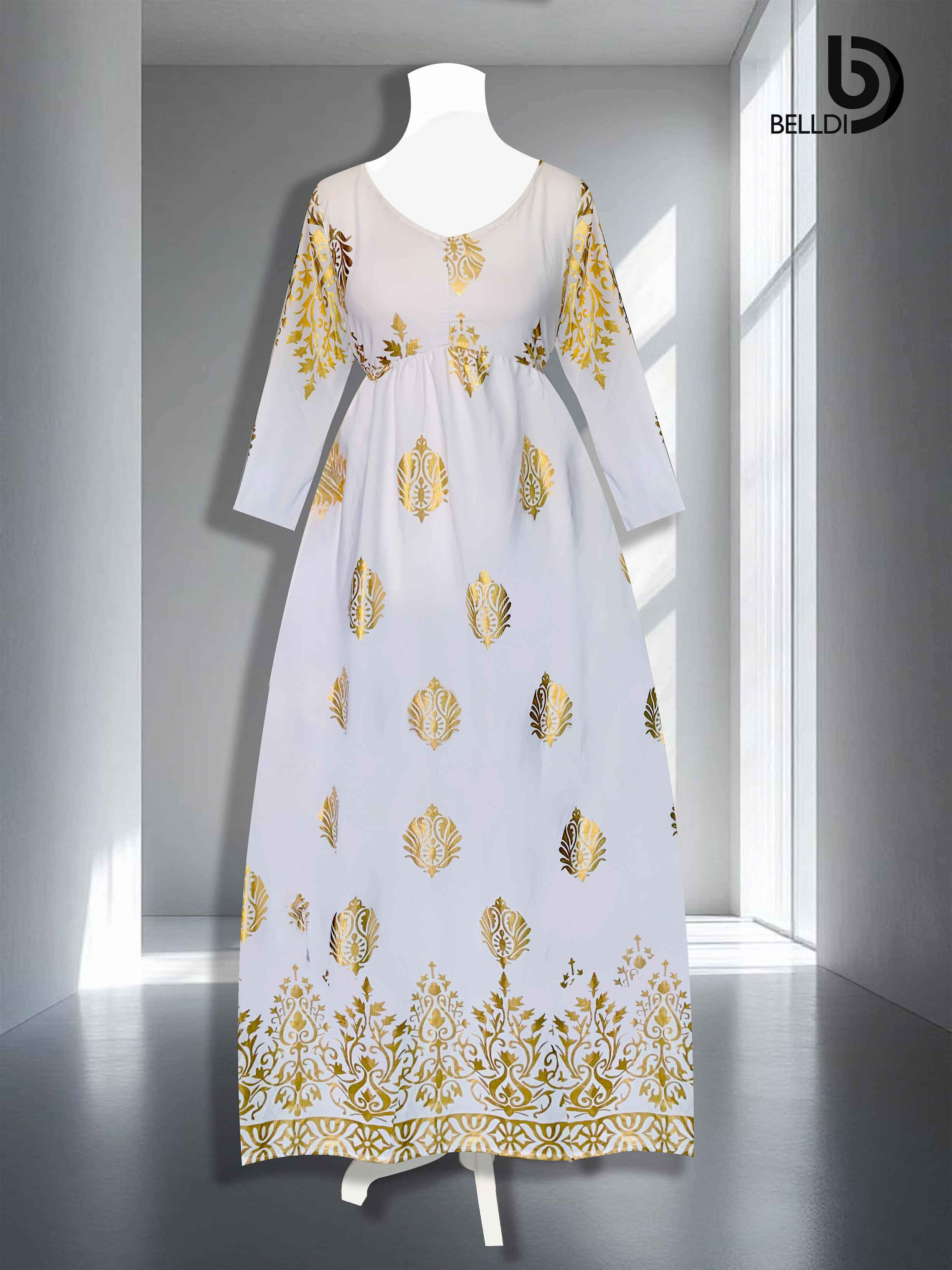 V NECK LONG SLEEVE LONG DRESS