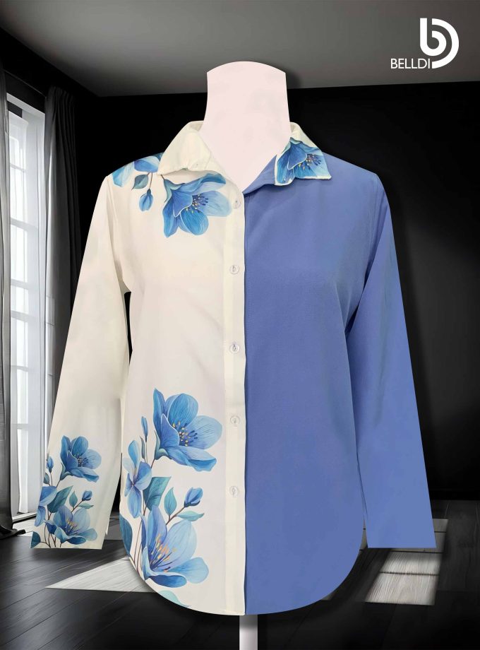 TWO TONE LONG SLEEVE PRINTED  BLOUSE