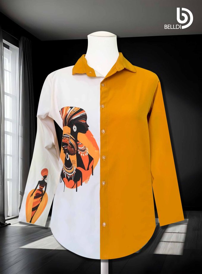TWO TONE LONG SLEEVE PRINTED  BLOUSE