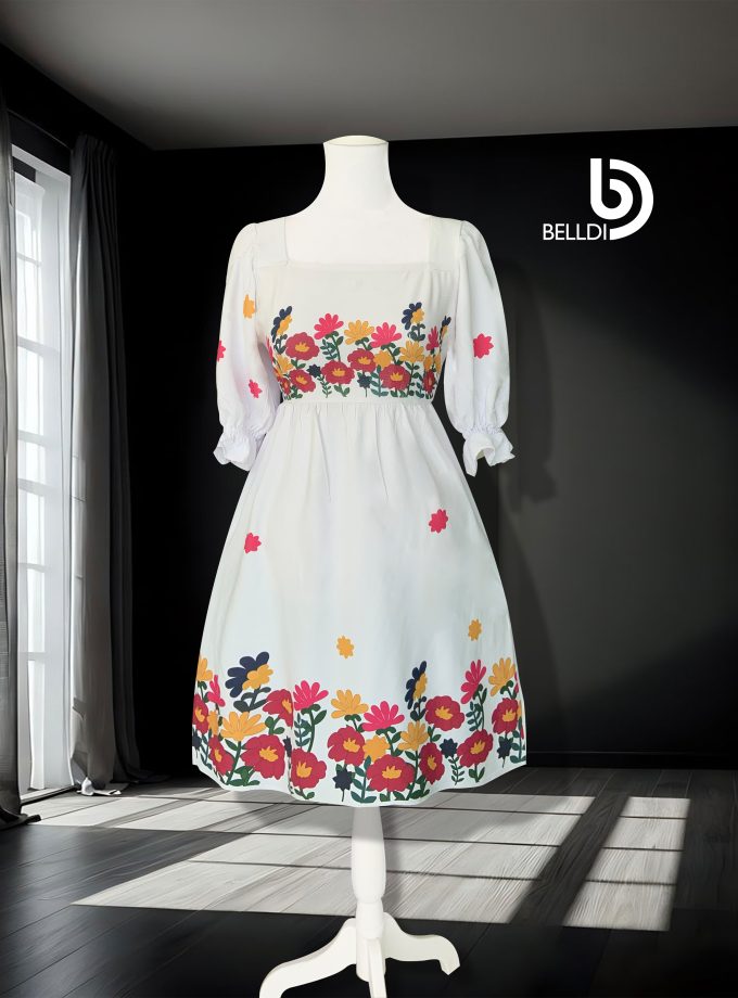 SQUARE NECK SHORT SLEEVE  PRINTED SHORT DRESS
