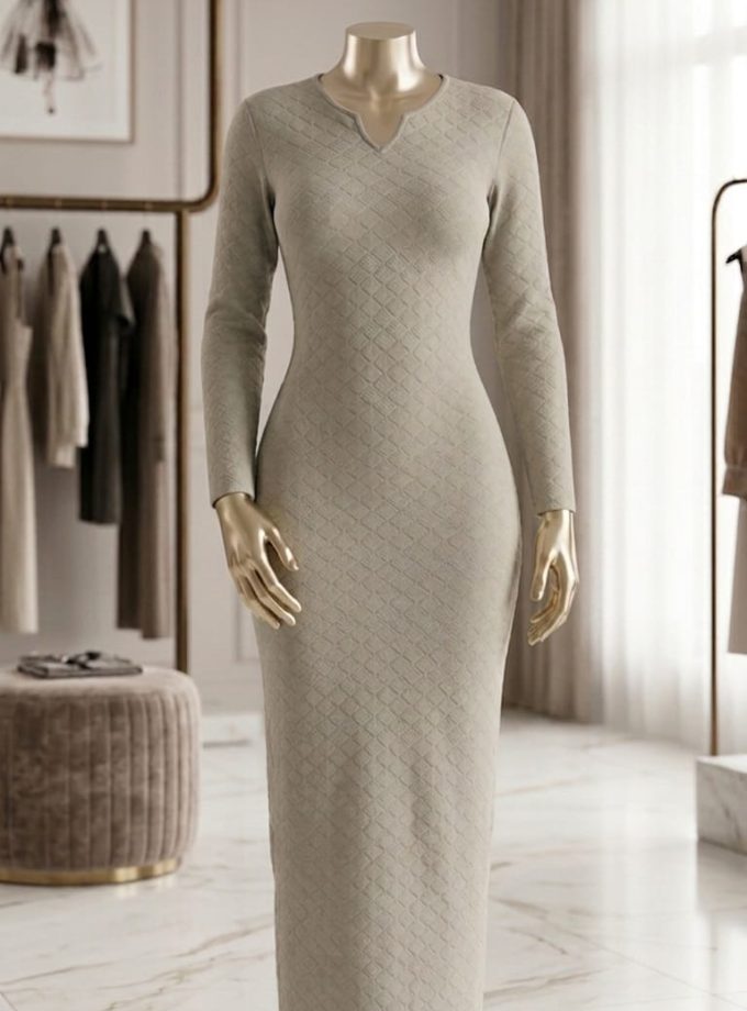 V NECK LONG SLEEVE SIMPLE CASUAL DRESS