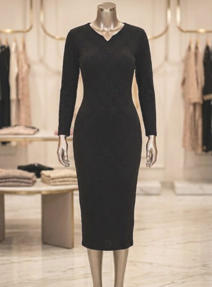 V NECK LONG SLEEVE SIMPLE CASUAL DRESS