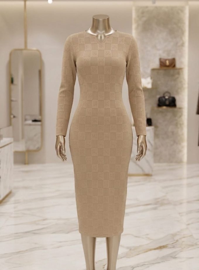 V NECK LONG SLEEVE SIMPLE CASUAL DRESS