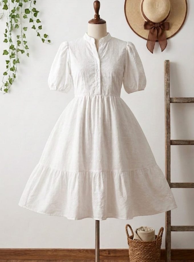 HIGH NECK CUTLON WHITE FROCK