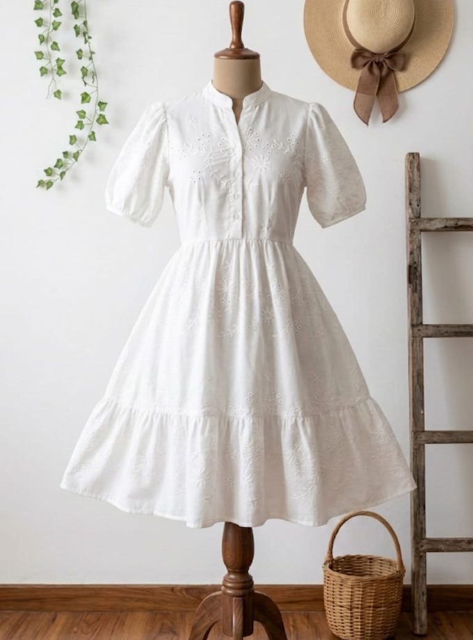 HIGH NECK CUTLON WHITE FROCK