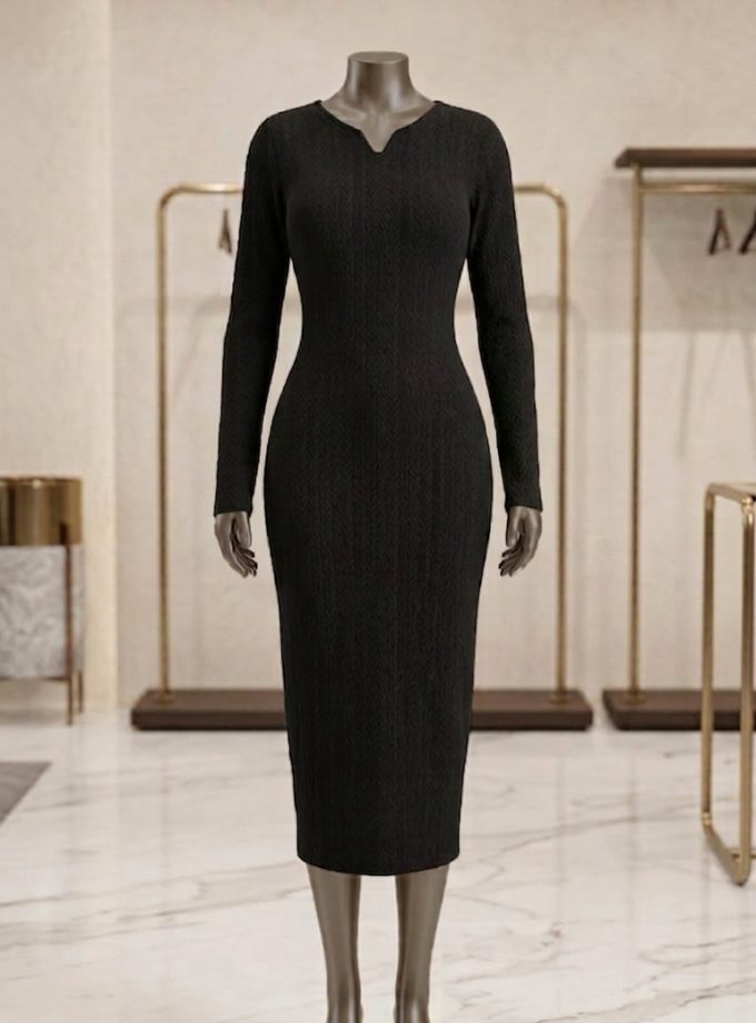 V NECK LONG SLEEVE SIMPLE CASUAL DRESS