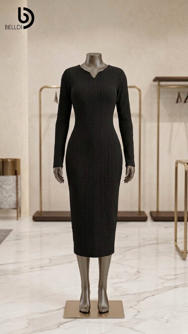 V NECK LONG SLEEVE SIMPLE CASUAL DRESS