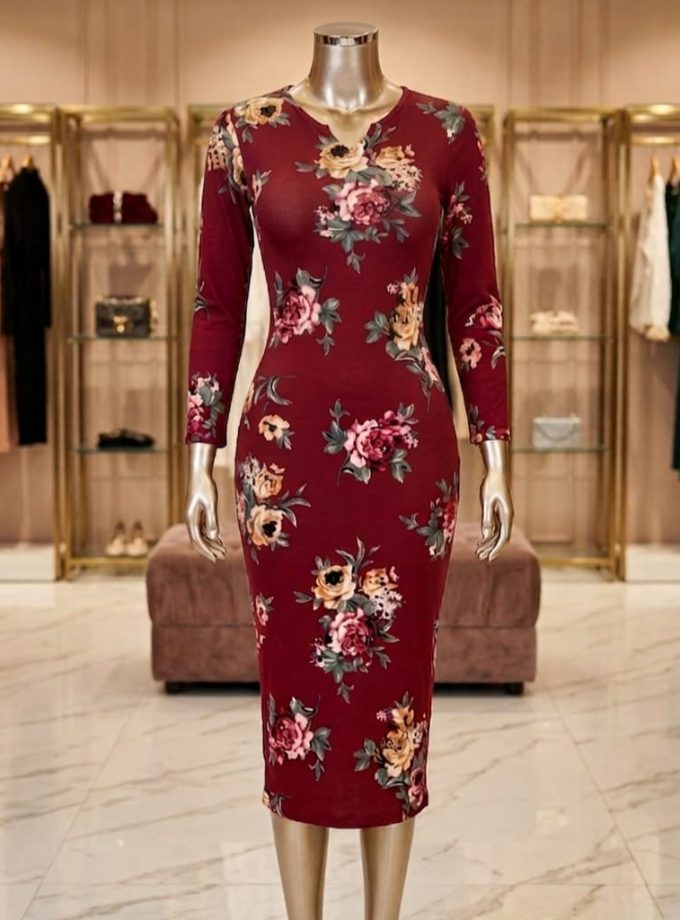 V NECK LONG SLEEVE SIMPLE CASUAL DRESS