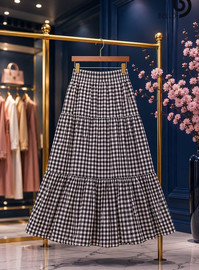 CHECKERED TIRED MAXI SKIRT