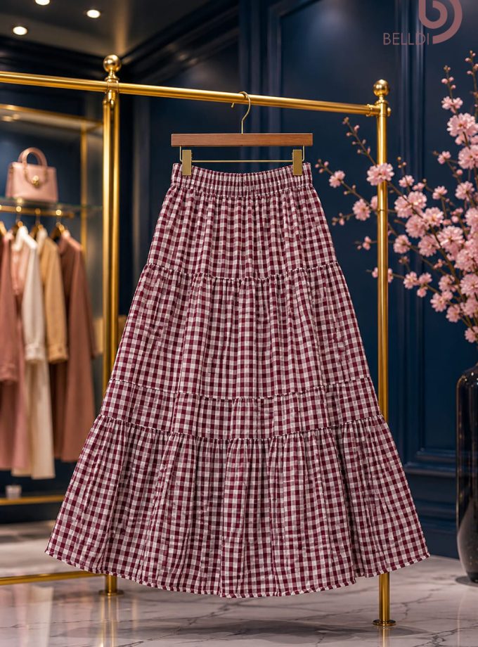 CHECKERED TIRED MAXI SKIRT