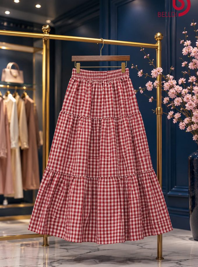 CHECKERED TIRED MAXI SKIRT