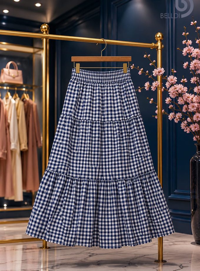 CHECKERED TIRED MAXI SKIRT