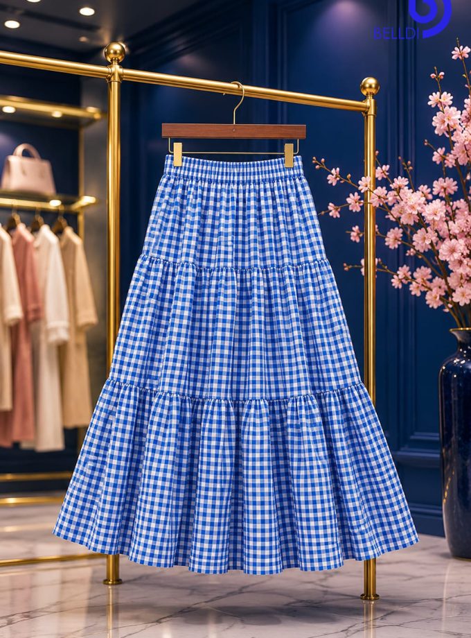 CHECKERED TIRED MAXI SKIRT