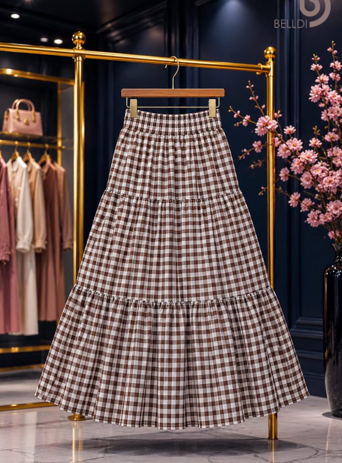 CHECKERED TIRED MAXI SKIRT