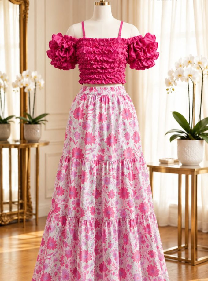 PINK FLORAL OFF-SHOULDER MAXI DRESS