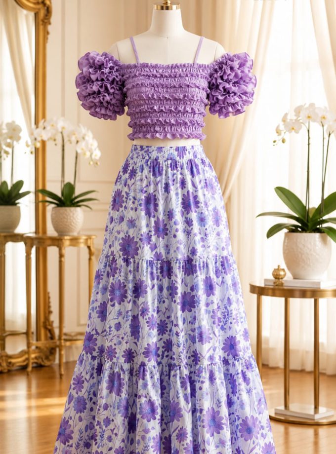 PURPLE FLORAL OFF-SHOULDER MAXI DRESS