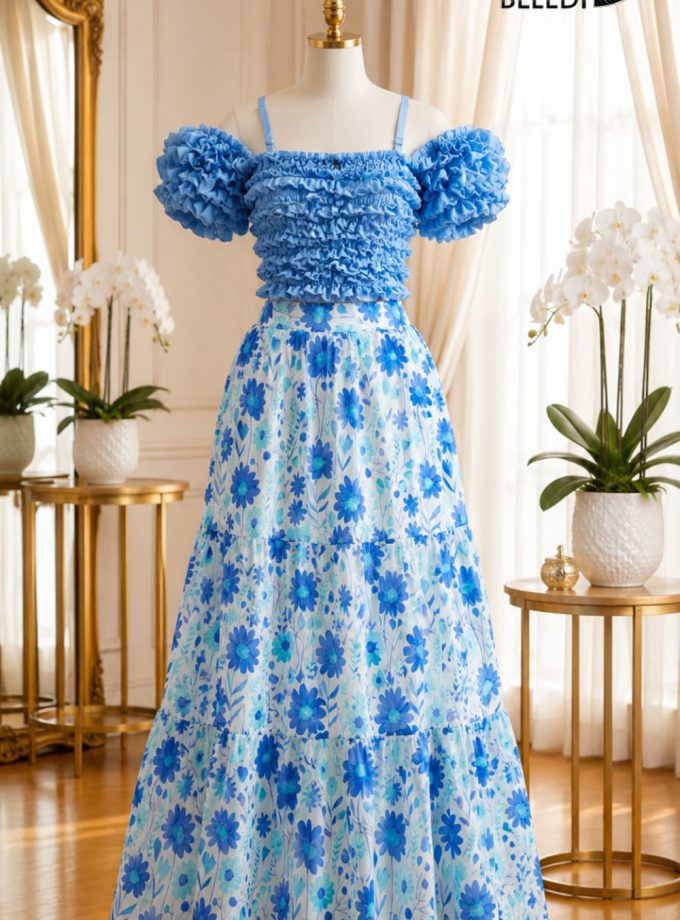 BLUE FLORAL OFF-SHOULDER MAXI DRESS