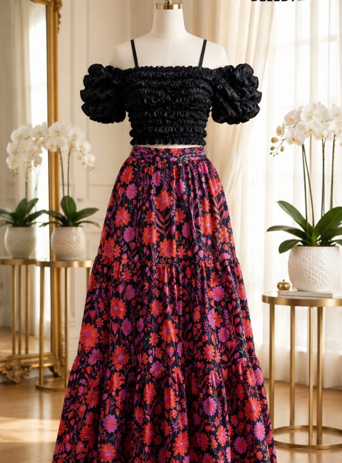 BLACK AND RED FLORAL OFF-SHOULDER MAXI DRESS