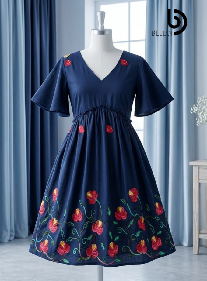 HIGH WAIST EMBROIDERED BORDER BLUE SHORT FROCK