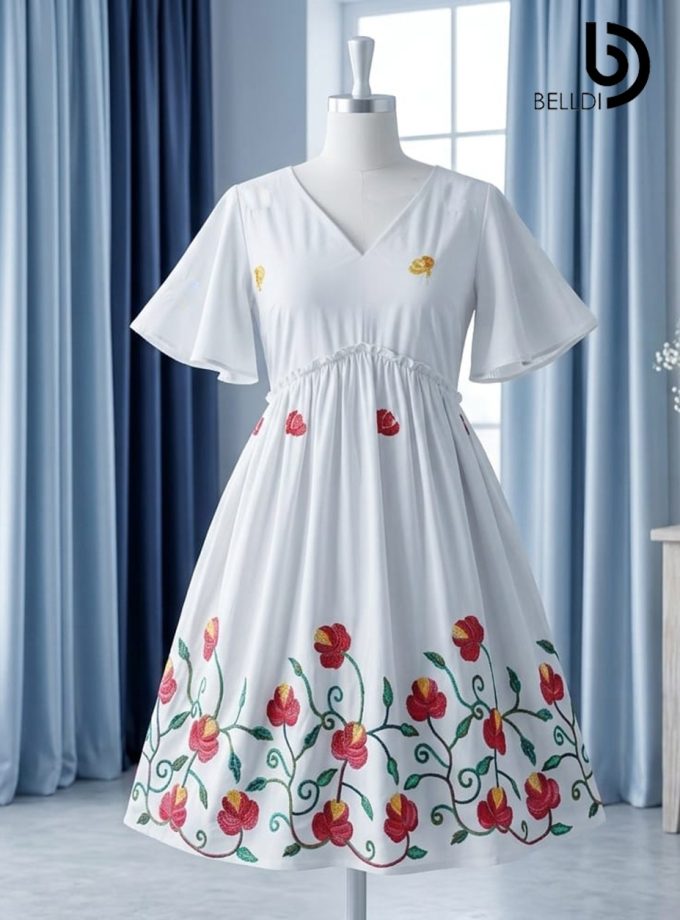 HIGH WAIST EMBROIDERED BORDER WHITE SHORT FROCK