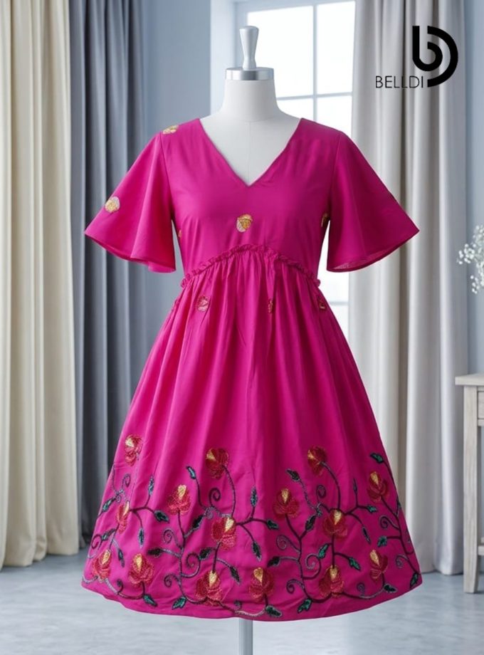 HIGH WAIST EMBROIDERED BORDER PINK SHORT FROCK