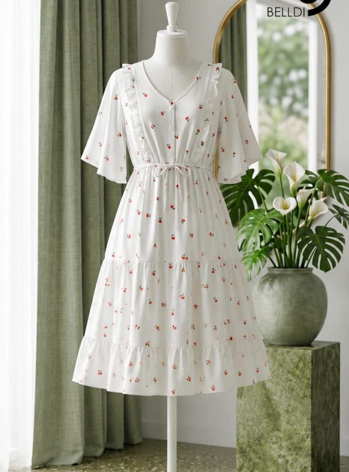 CHERRY PRINT RUFFLED MIDI DRESS