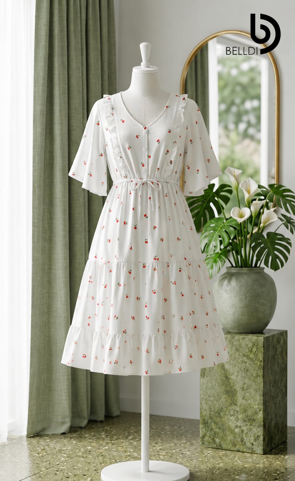 CHERRY PRINT RUFFLED MIDI DRESS