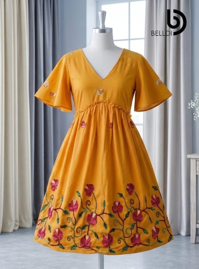 HIGH WAIST EMBROIDERED BORDER YELLOW SHORT FROCK
