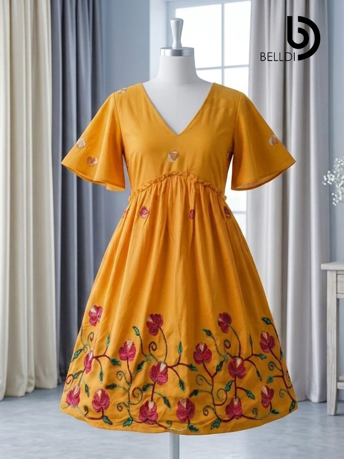 HIGH WAIST EMBROIDERED BORDER YELLOW SHORT FROCK