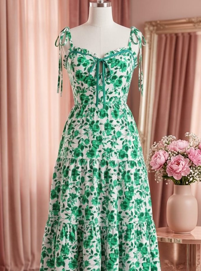 TIERED FLORAL GREEN MIDI FROCK