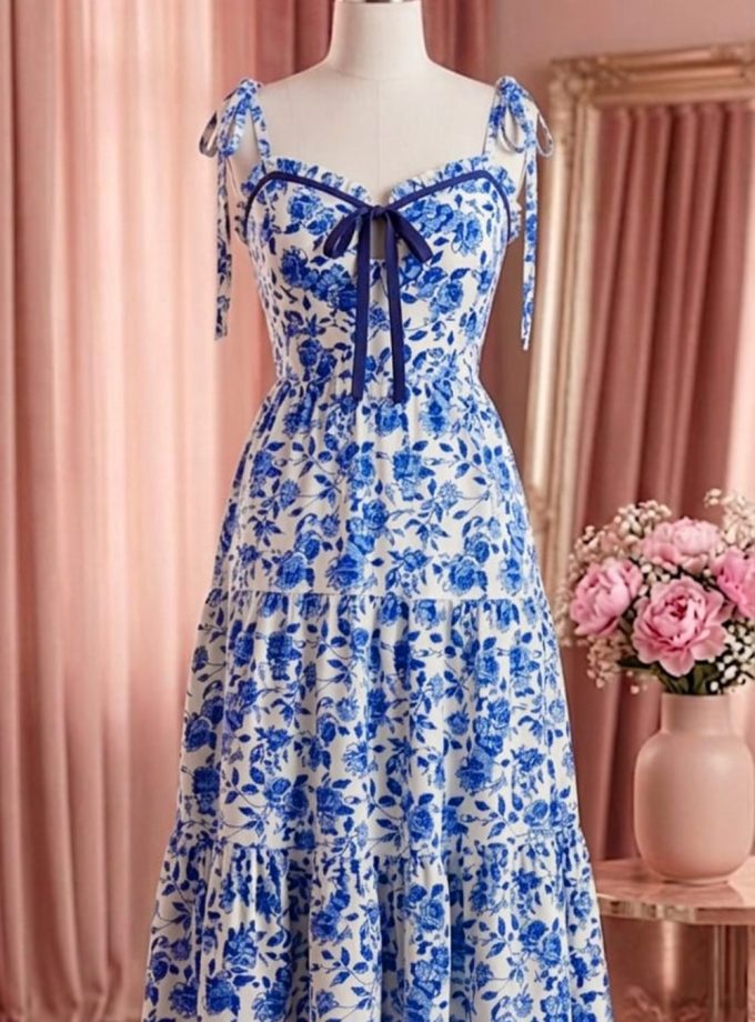 TIERED FLORAL BLUE MIDI FROCK