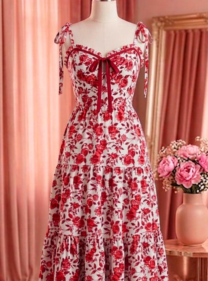 TIERED FLORAL RED MIDI FROCK