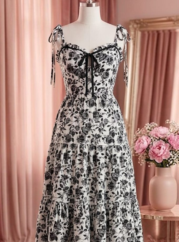TIERED FLORAL BLACK MIDI FROCK