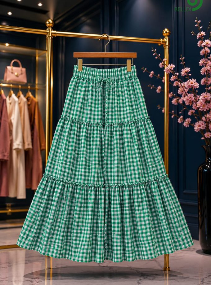 CHECKERED TIRED MAXI SKIRT