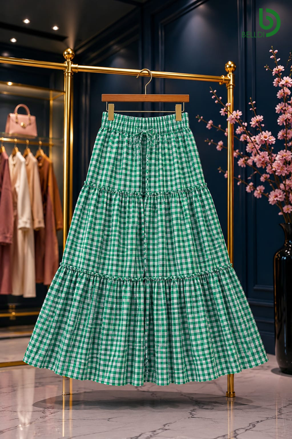 CHECKERED TIRED MAXI SKIRT