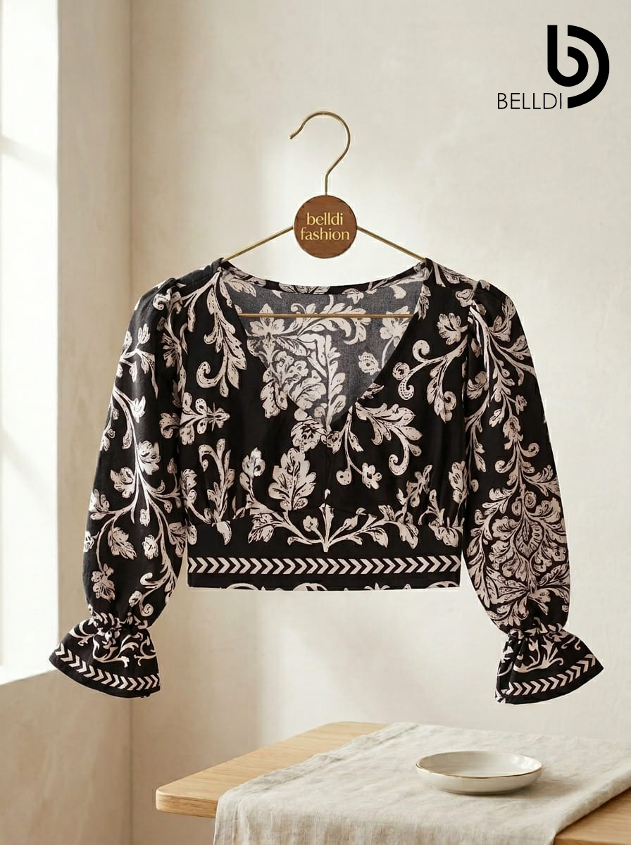V NECK LONG SLEEVE CROP TOP