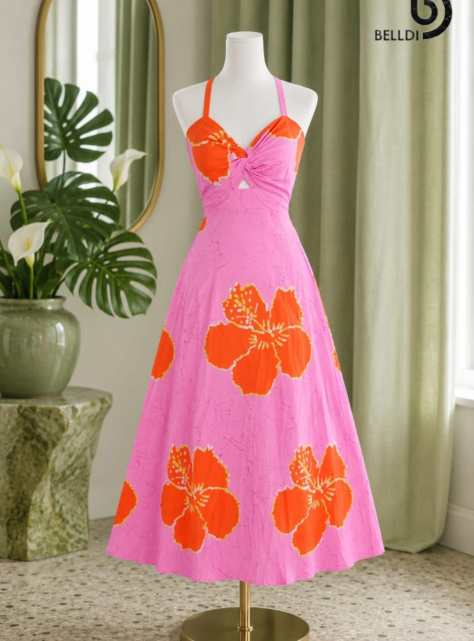 HALTER NECK FLORAL PINK & ORANGE FROCK