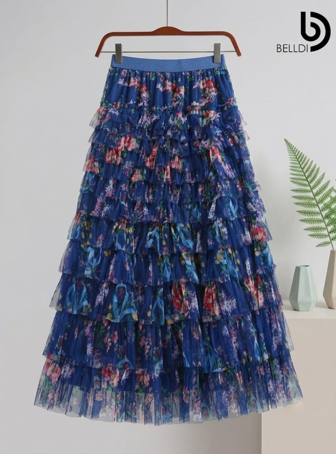 TIERED TULLE FLORAL MAXI SKIRT