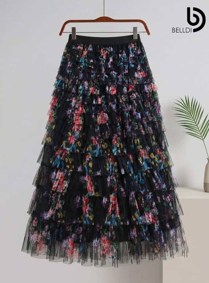TIERED TULLE FLORAL MAXI SKIRT