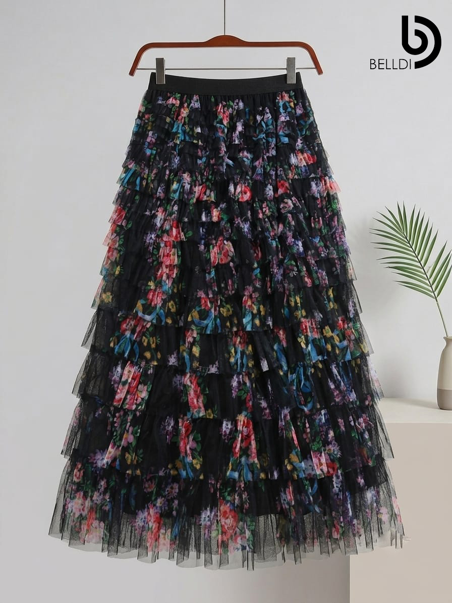 TIERED TULLE FLORAL MAXI SKIRT