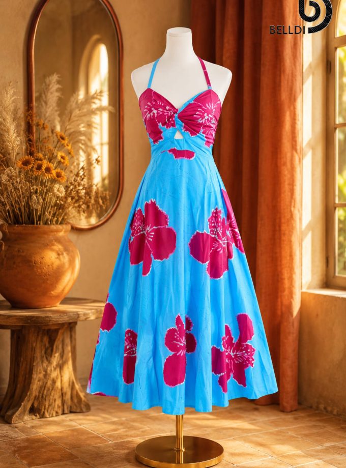 HALTER NECK FLORAL BLUE & RED FROCK
