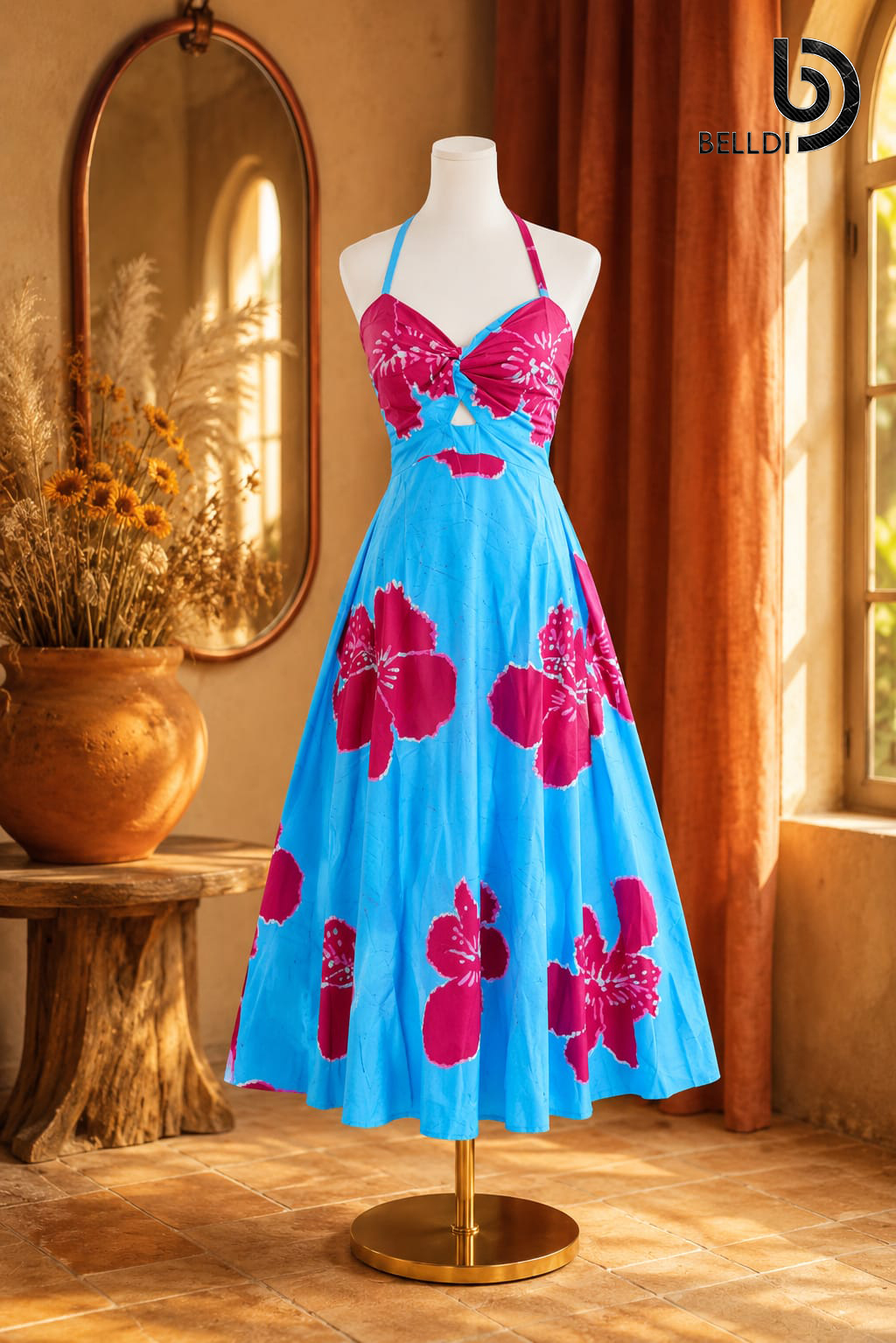 HALTER NECK FLORAL BLUE & RED FROCK