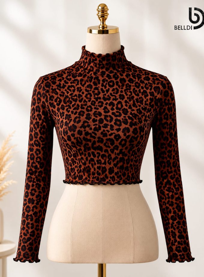 TIGER HIGH NECK LONG SLEEVE BROWN COLOUR CROP TOP