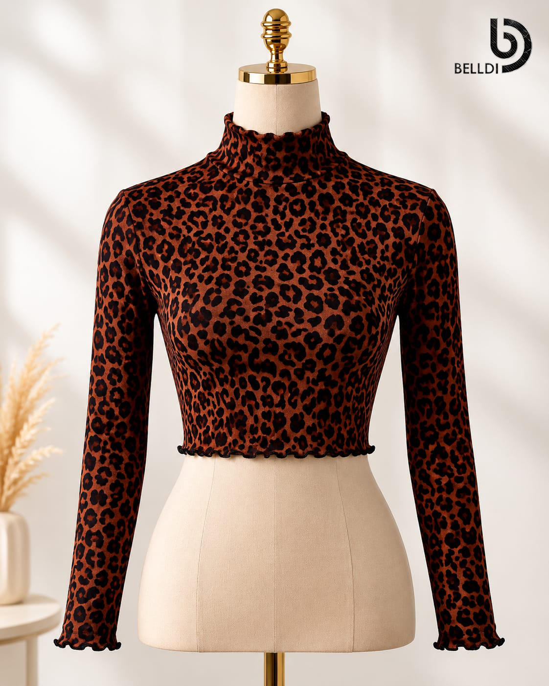 TIGER HIGH NECK LONG SLEEVE BROWN COLOUR CROP TOP